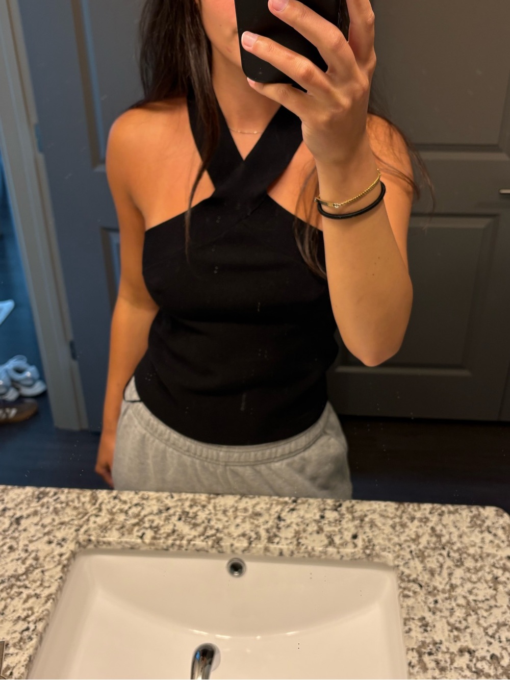 525 America Black Crisscross Halter Knit Camisole